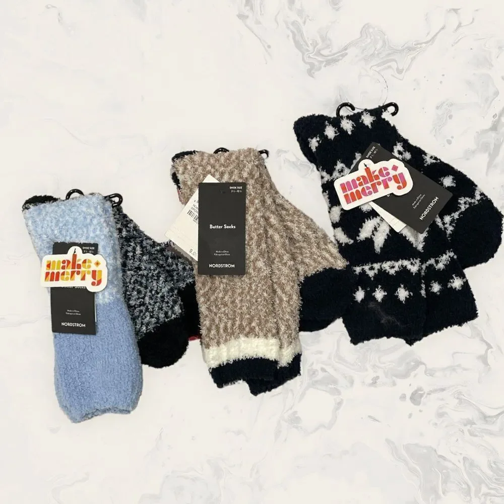 NWT Nordstrom Bundle of Three Crew Butter Socks - Size 7 1/2 - 12 1/2- Blu/ Tan